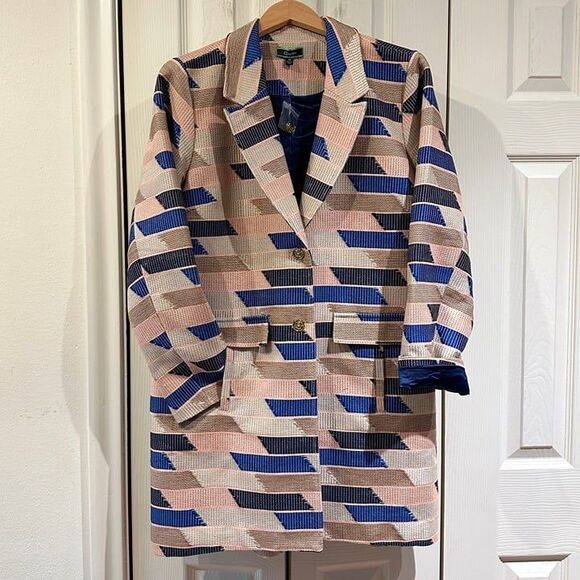 C. Wonder Christian Siriano Geometric Embroidered Knee Length Blazer Coat Jacket - Picture 2 of 12